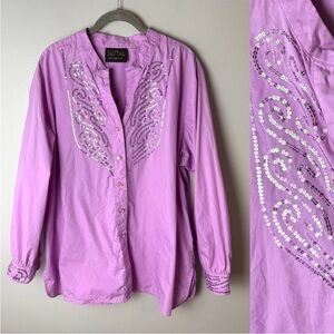 Bob Mackie Wearable Art Blouse Plus Size 1X  Top Long Sleeves Sequins Purple